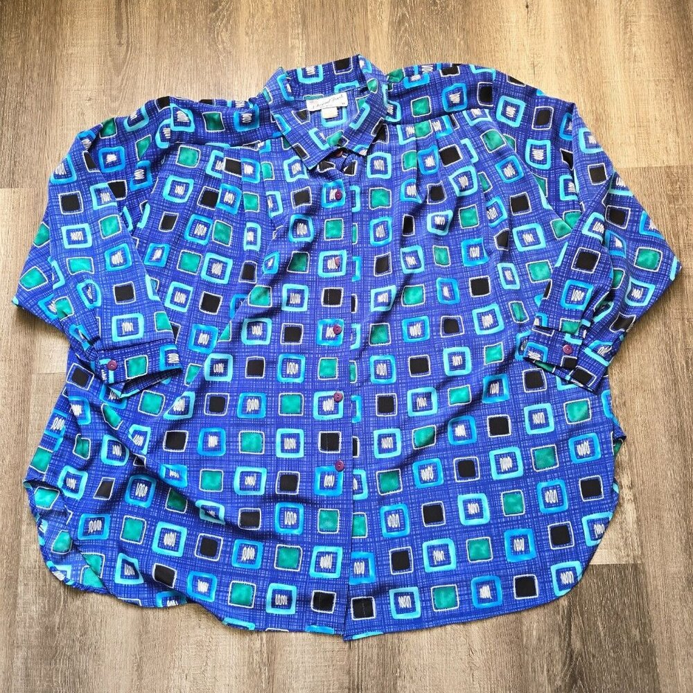 A Personal Touch Blouse Blue Womens Plus Size 5X Geometric Hawaiian Long Sleeve